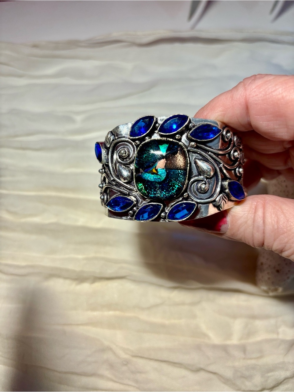 NEW 925 Silver, stamped. Blue Dichronic Opal Glass Statement Cuff Bracelet